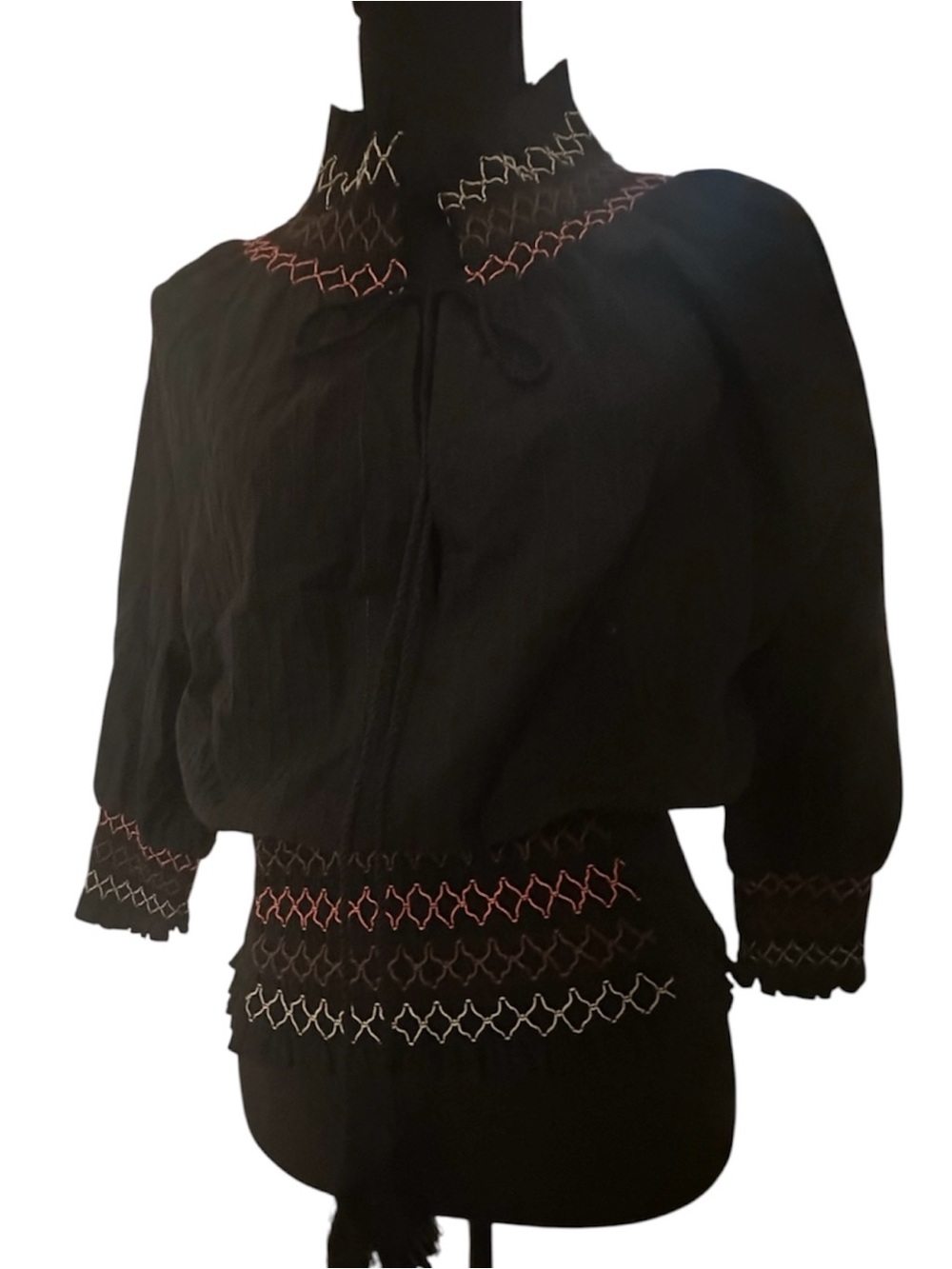 Black Smocked Waist Embroidered Women's Blouse